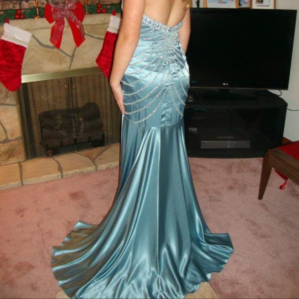 Blue Satin Strapless Prom Dress
